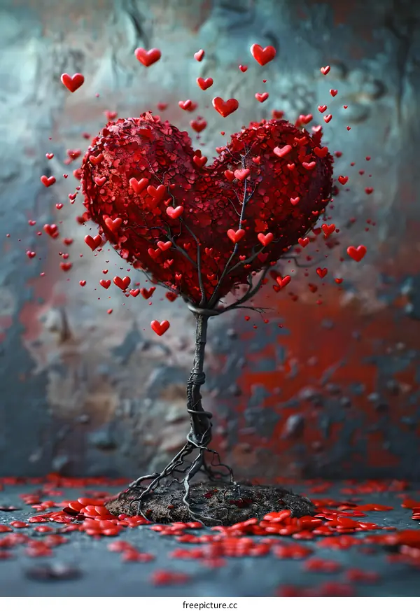 A tree decorated with red hearts