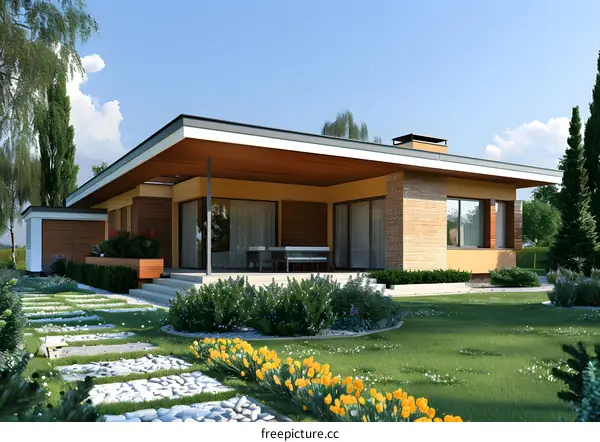 A modern house with a beautiful garden