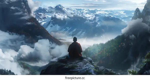 Man Sitting on Mountaintop With Snowy Mountains in the Background