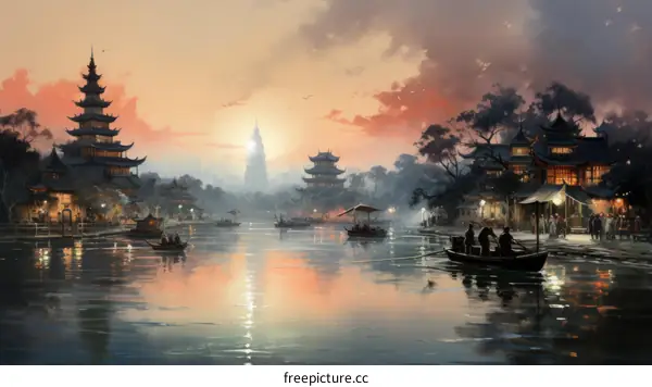 Chinese Cityscape with River, Boats, and Pagoda at Sunset