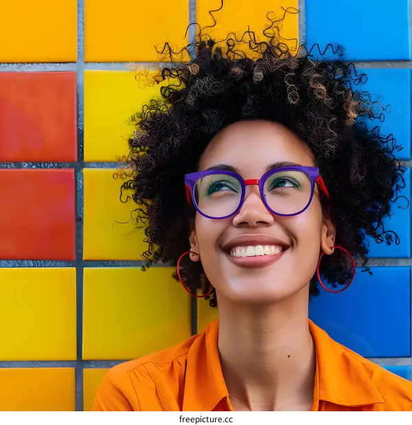 Smiling African American Woman With Curly Hair Wearing Glasses and Looking Up