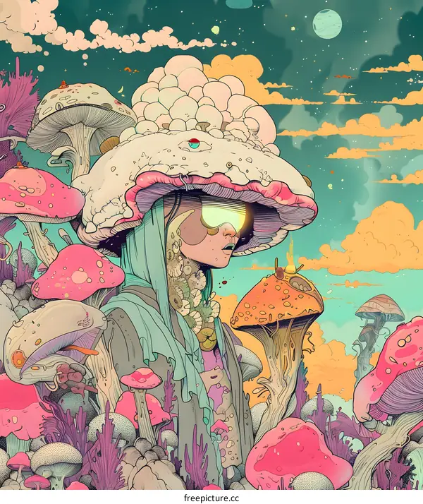 Surreal Fantasy Illustration of a Woman with Giant Mushroom Hat