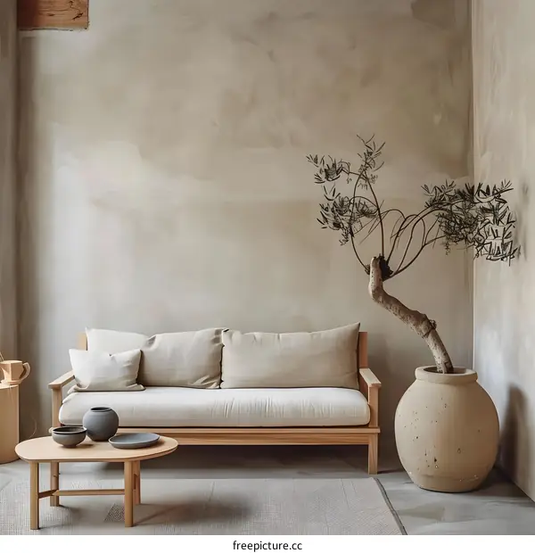 Minimalist Living Room With Neutral Colors And A Plant