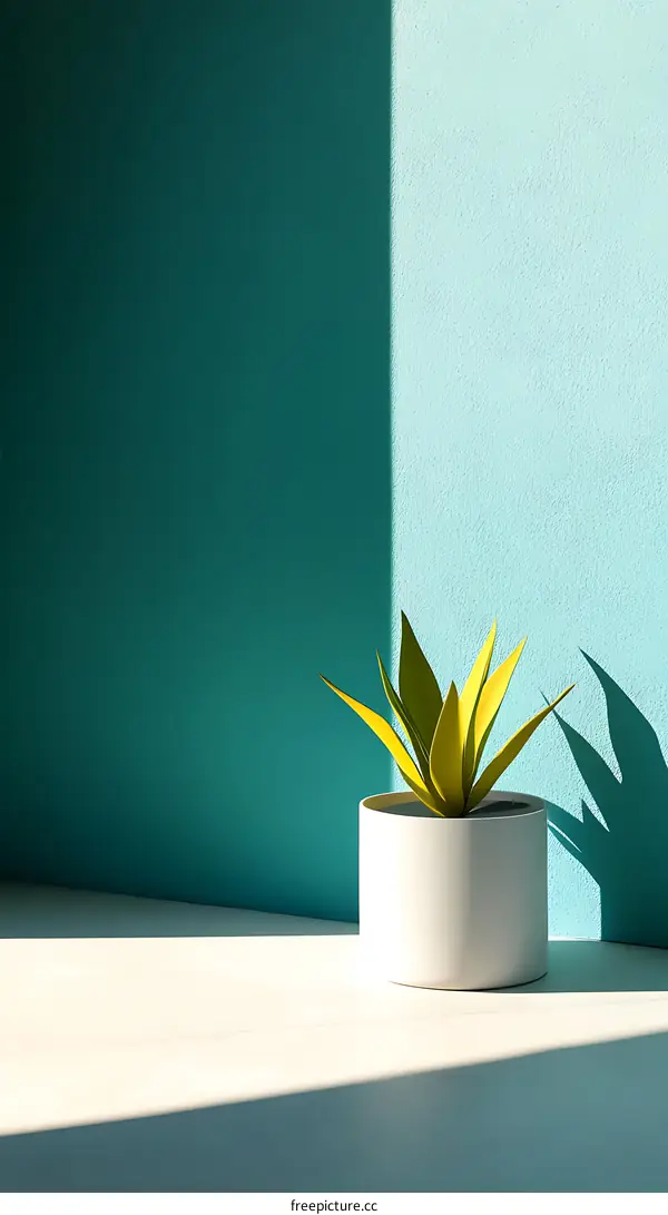 Minimalist Green Plant in White Pot on White Table Against Teal Wall
