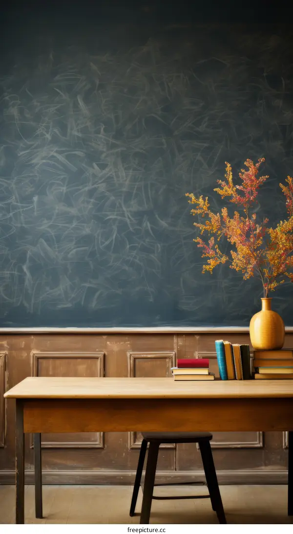 An arrangement of books and flowers in front of a chalkboard