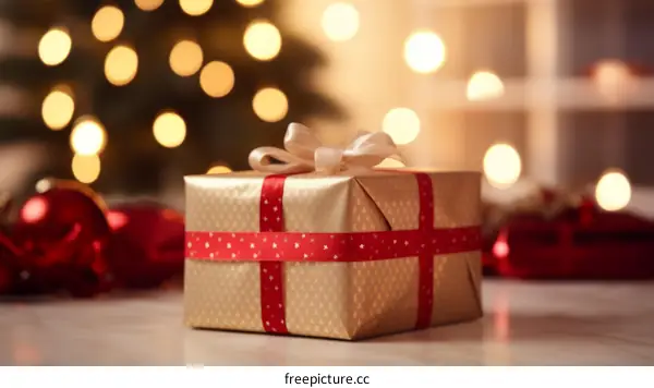Beautifully wrapped Christmas present with a red ribbon and bow