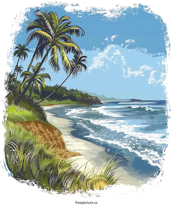 Palm Trees On Sandy Beach With Waves Crashing On The Shore