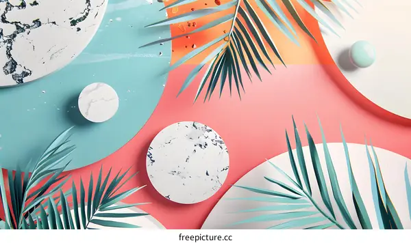 Tropical Palm Leaves and Marble Circles Abstract Background