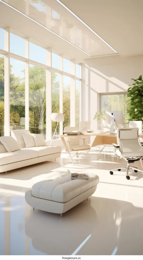 A modern office with a large windows and a minimalist design
