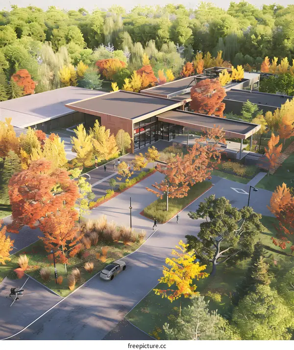 Modern Building with Autumn Foliage and People
