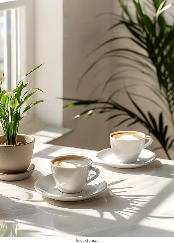 Two Cups of Coffee on White Table with Plant in the Background