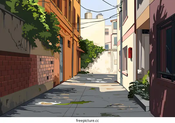 Narrow Alleyway with Brick Buildings and Sunlight
