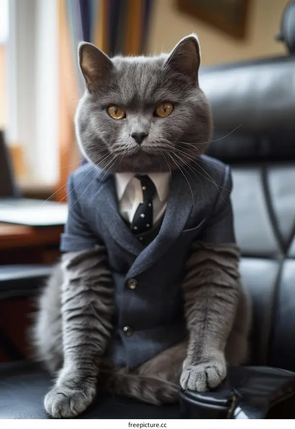 A gray cat wearing a suit and tie is sitting in a leather chair and looking at the camera.
