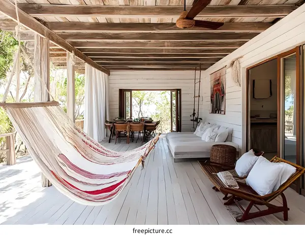 Tropical Hammock and Wooden Porch with White Walls