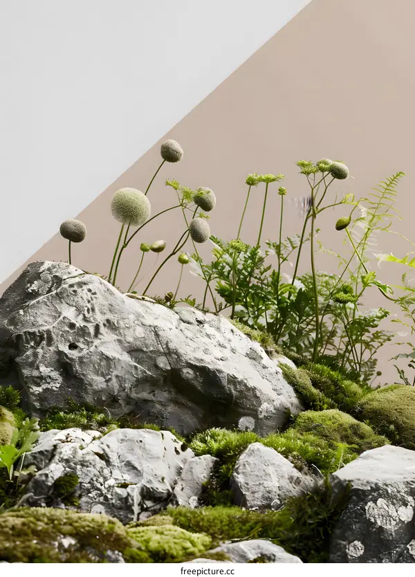 Green Plants and Rocks on a Neutral Background
