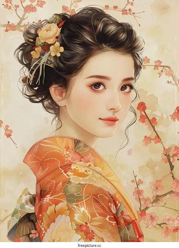 A beautiful Japanese woman in a kimono with cherry blossoms