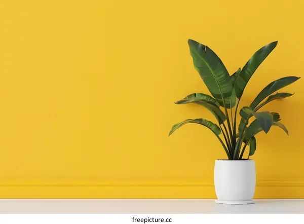 Yellow Wall with Plant in White Pot