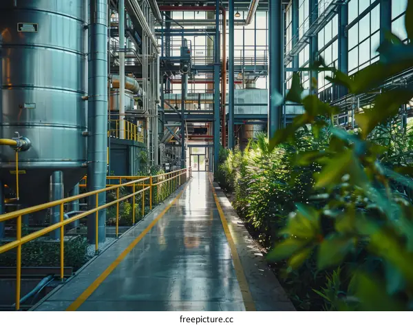 Modern industrial building interior with large metal vats and green plants