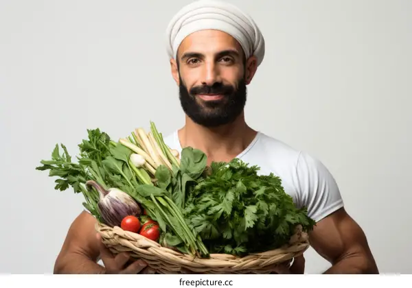 Middle Eastern man holding a basket of fresh vegetables