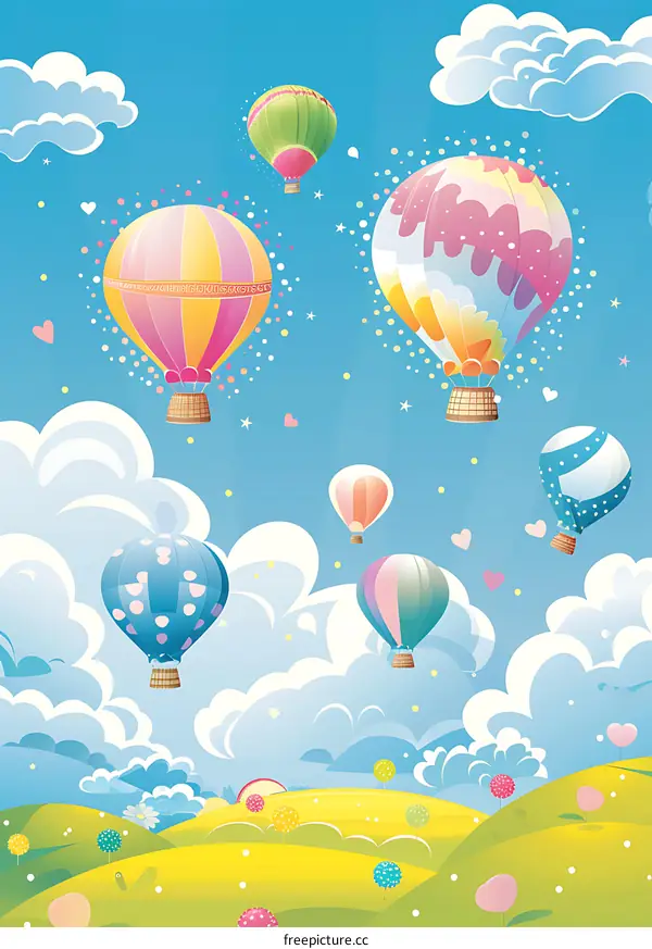 Colorful Hot Air Balloons Flying in Blue Sky with Clouds