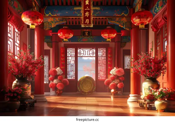 Red Chinese Temple Hall Interior Illustration