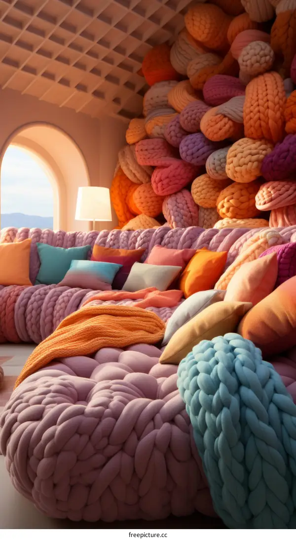 A Cozy Living Room with a Large Crocheted Sofa and Pillows