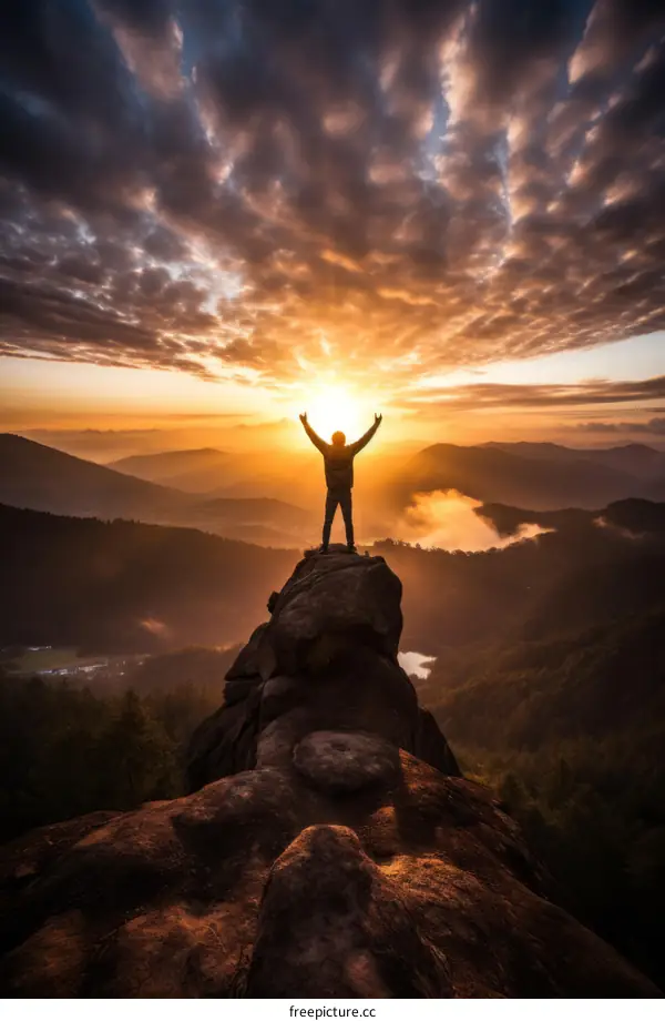 man standing on a mountaintop with arms raised in triumph