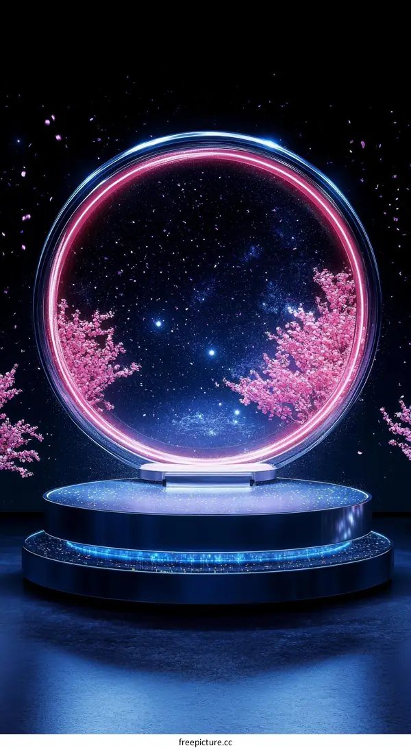 Neon Circle Stage with Cherry Blossoms and Stars
