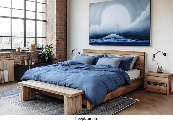 Rustic Modern Bedroom with Blue Bedding and Artwork