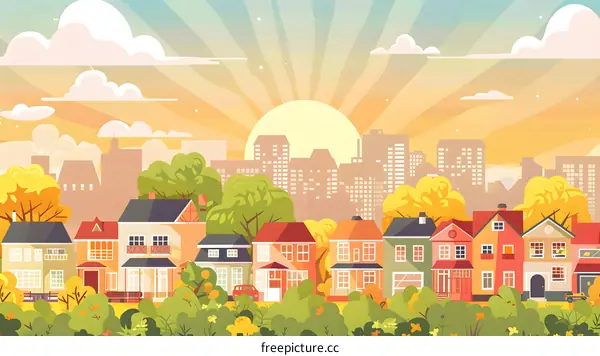 Suburban Cityscape Illustration with Sunrise and Autumn Leaves
