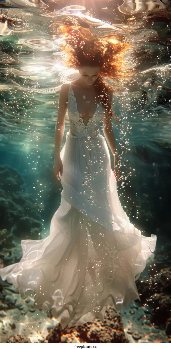 Woman in White Dress Floating Underwater