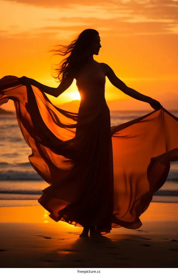 Woman in flowing dress at sunset on beach