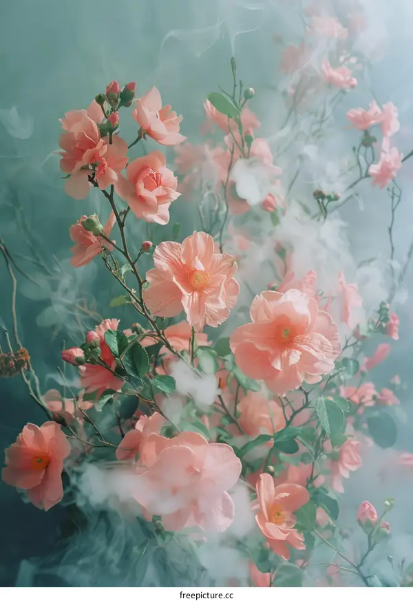 Ethereal Peach Blossoms in the Mist