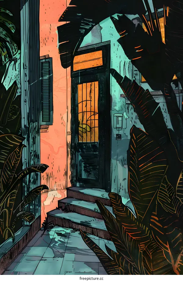 Dark Green Doorway With Palm Leaves