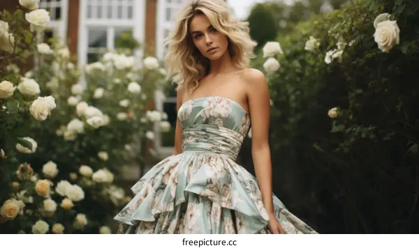 Elegant woman in a floral dress standing in a garden