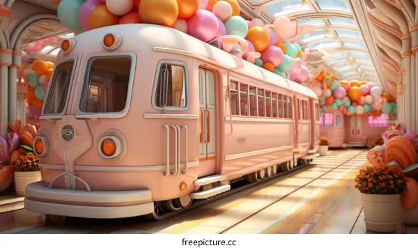 Pink and White Train with Balloons at a Curved Glass Roof Station