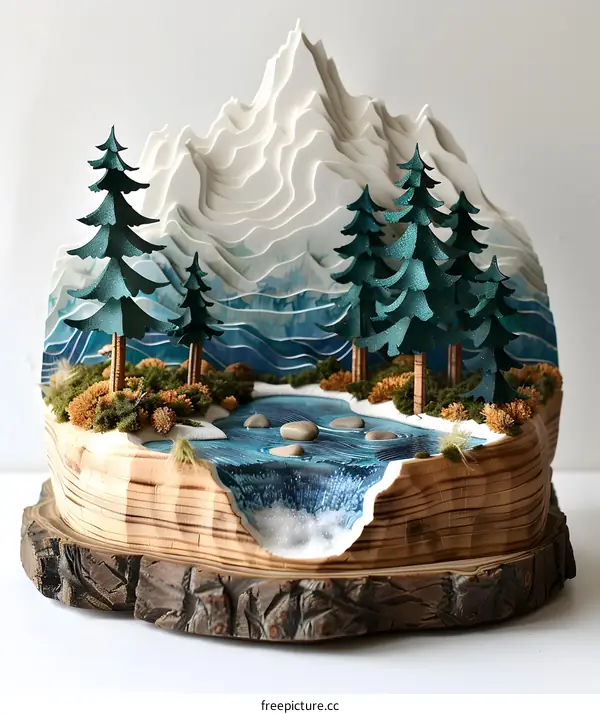 Layered papercut mountain diorama with river and trees