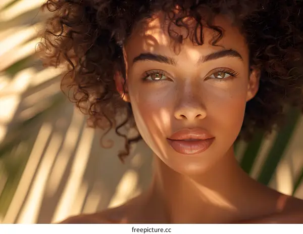portrait of a beautiful young woman with curly hair and freckles