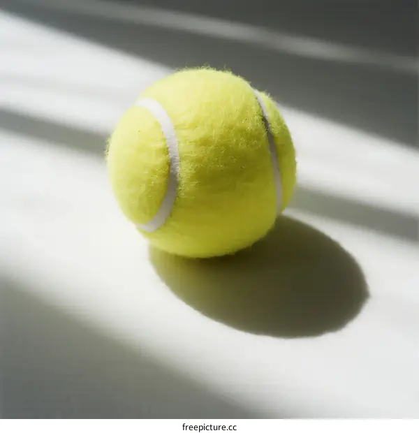 A bright yellow tennis ball with white stripes on white background