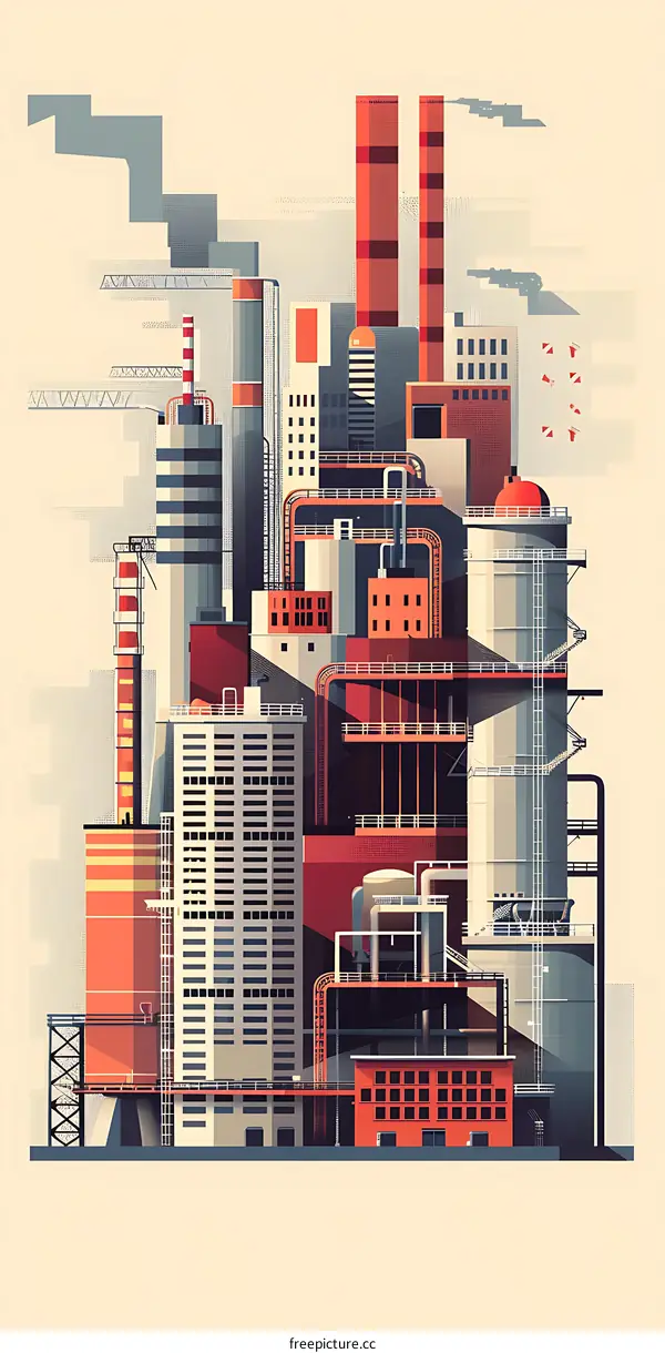 Industrial Landscape Illustration in Geometric Style