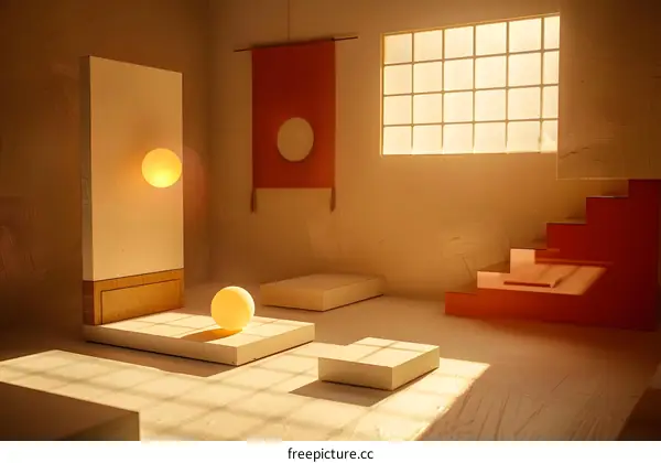 Minimalist 3D Rendering of a Room with Geometric Shapes and Light