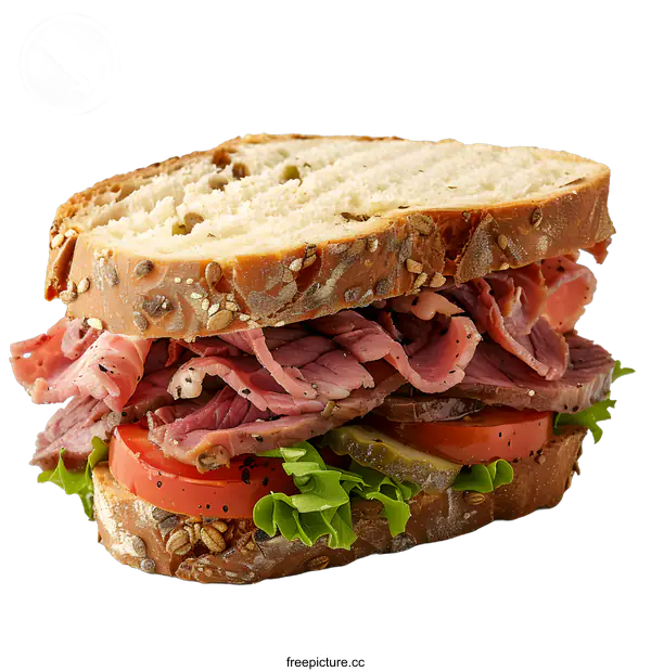 [Transparent Background PNG]A delicious pastrami sandwich with tomato, lettuce and pickles on rye bread