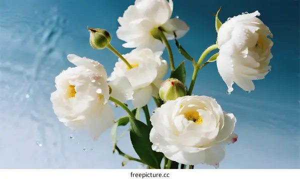 Beautiful White Peony Flowers with Water Drops in Blue Background