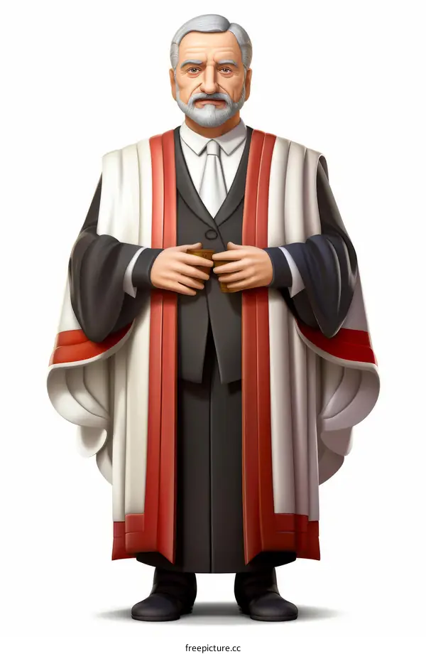 An illustration of a man wearing a black suit and red sash