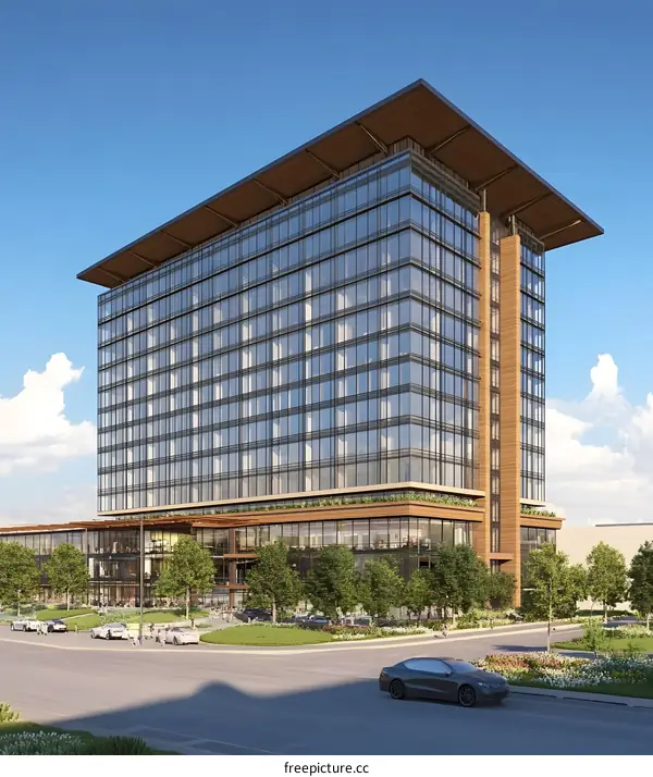 Modern Office Building with Glass Facade and Wood Accents