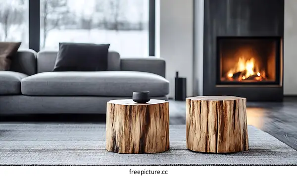 Modern Living Room with Wooden Coffee Tables by Fireplace