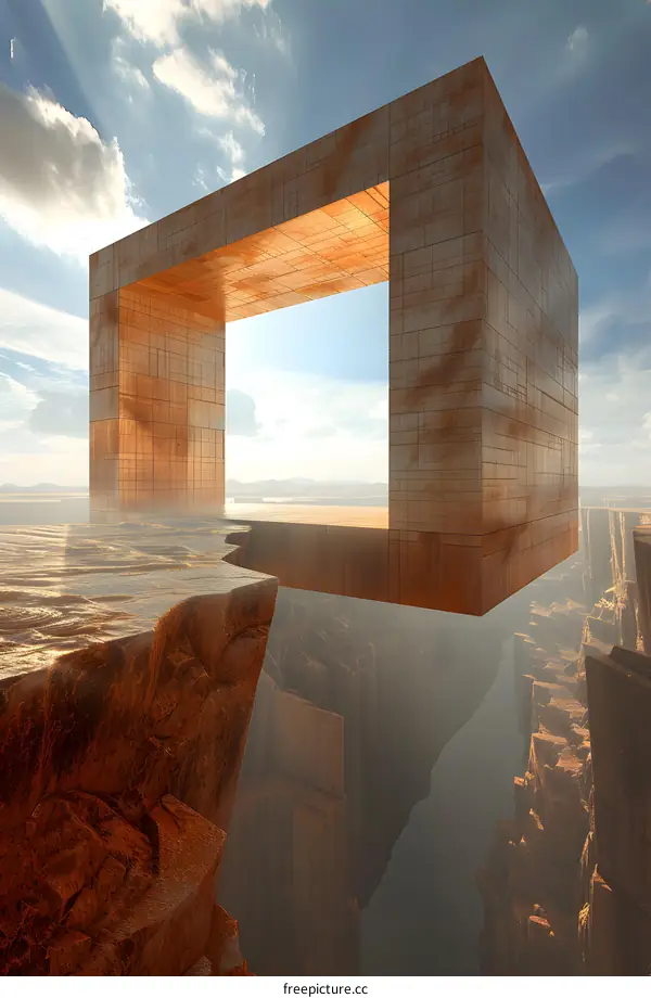 A large rectangular portal made of stone hovers over a canyon
