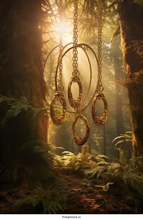 Mystical Golden Pendants in a Sunlit Forest