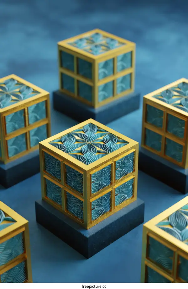 Geometric Decorative Boxes on a Blue Background