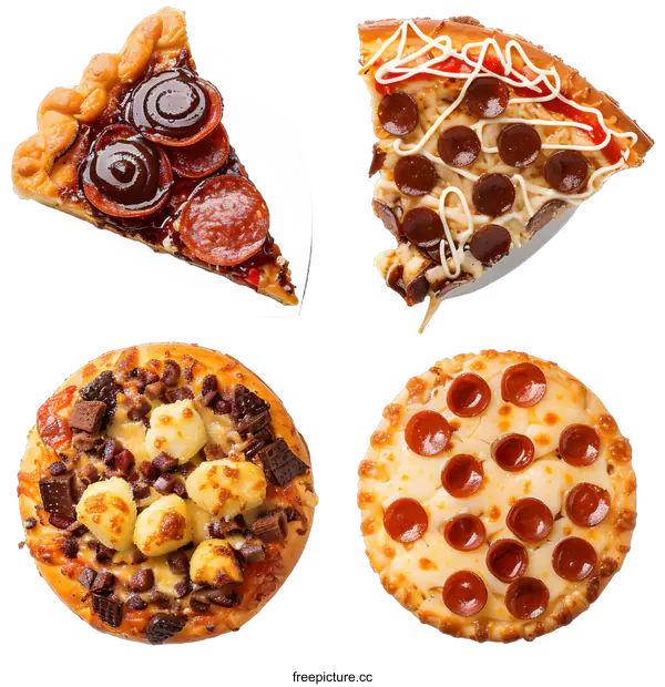 [Transparent Background PNG]Four Different Types of Pizza on White Background